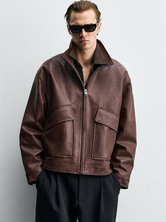 کاپشن چرم زارا اورجینال ZARA — شرابی